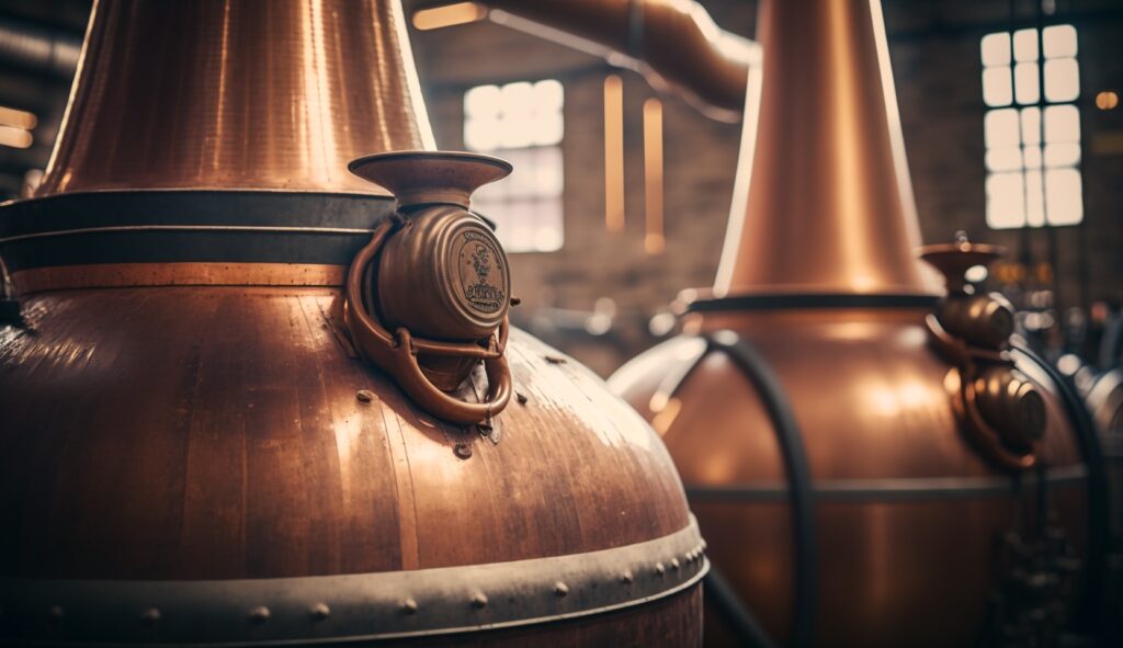 large whisky stills in a distillery, selective focus, rich colour palette