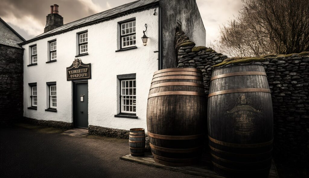 A real life photographic image of a whisky distillery in Islay, Scotland