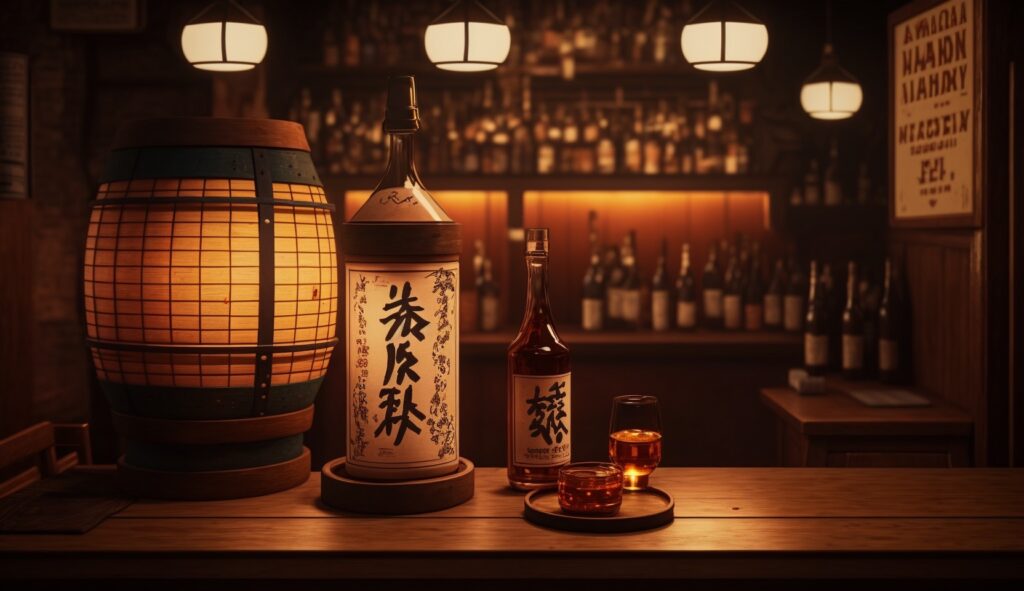 A real life photographic image of cozy izakaya (Japanese pub) with warm wood tones, and a selection of Japanese Whiskies on the shelf.