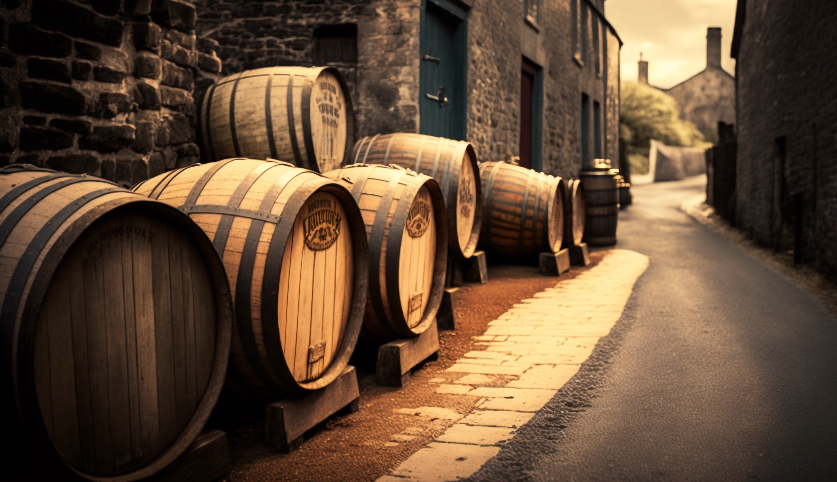 whisky barrels outside of a distillery.