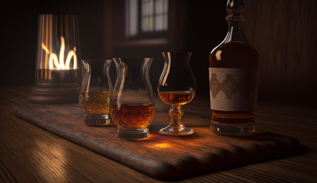 A real life a whisky tasting themed image with warm wood tones. Traits: Warm wood tones, Whisky selection. Lighting: Warm glow creates a relaxed atmosphere. Mood: Inviting and comfortable.